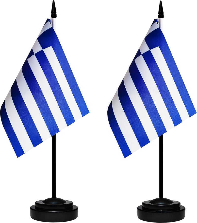 BCLin Greece Desk Flag Set, 2 Pack Greek Table Office Flags, Small Mini Desktop Flag With 12" Solid Black Pole, Black Base, Miniature Desktop Flag - Image 1